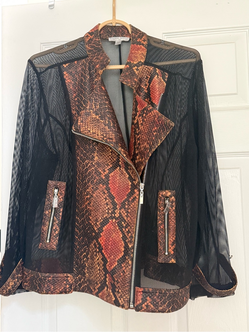 Alberto Makali Black Mesh Jacket with Rust Snake-Print Trim